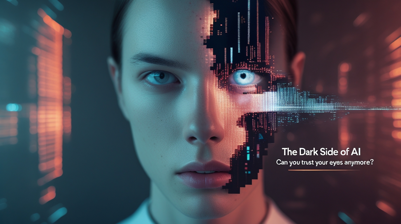 symbolic image representing the dark side of AI, showing a face that is half human and half digital glitch to illustrate how to spot AI-generated fakes.