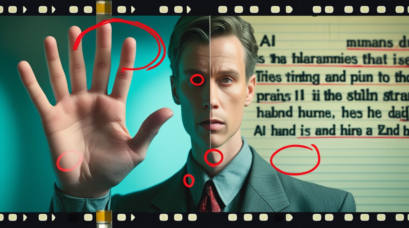 Examples of common AI mistakes in generated images, showing a hand with six fingers and distorted text in the background..spot AI-generated fakes