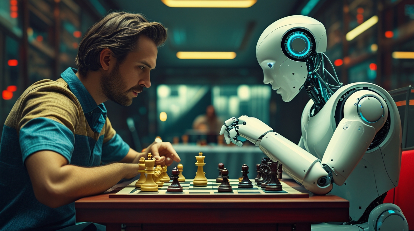 A human and a robot playing chess on the same team, symbolizing the future of strategic partnership between humans and AI. AI vs Humans