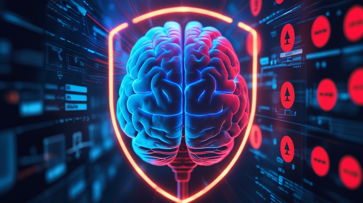 An illustration of a human brain protected by a digital firewall, symbolizing the mental models needed to spot AI-generated misinformation.