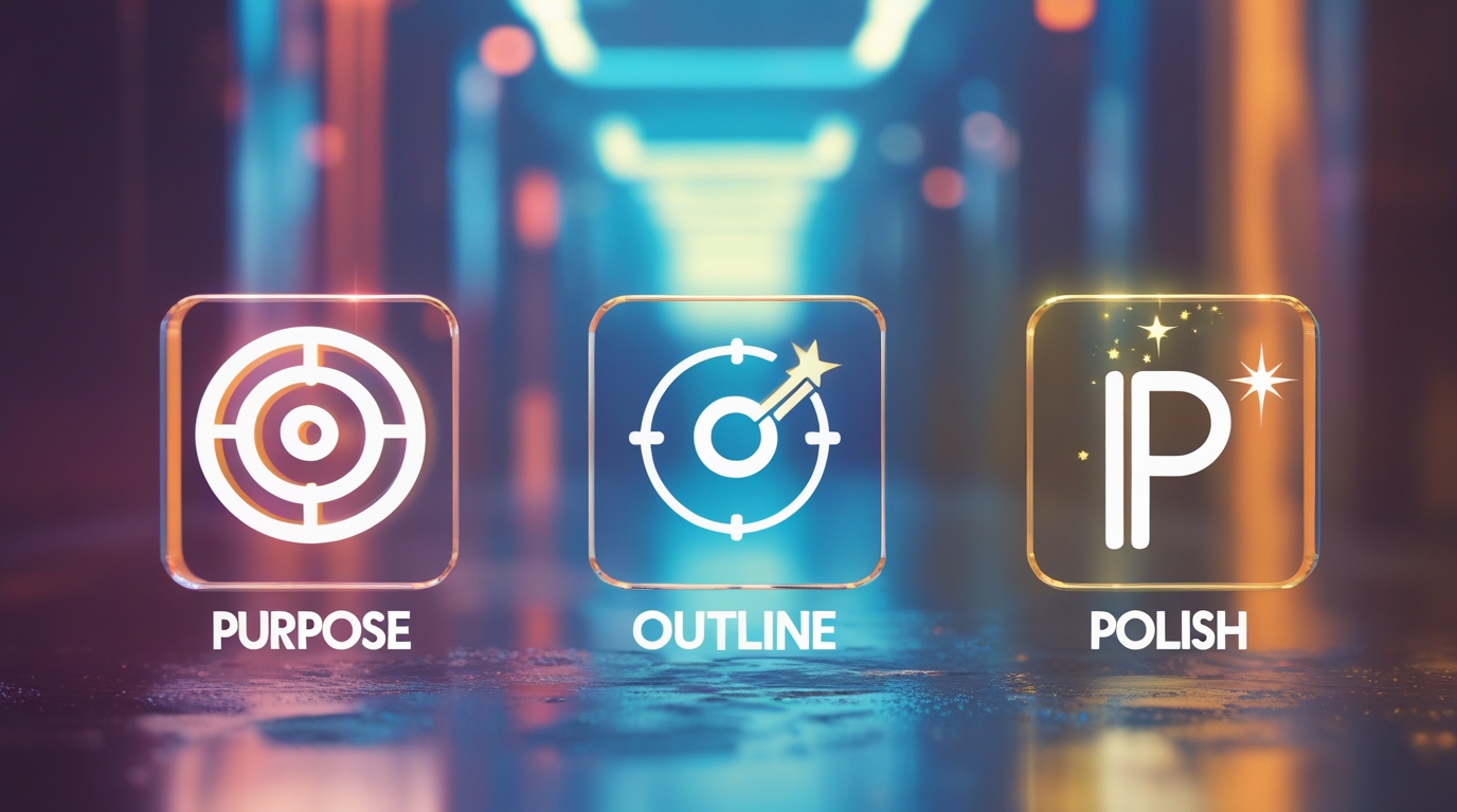 Graphic icons for the P.O.P. formula: a target for Purpose, a list for Outline, and a sparkle for Polish. write emails with AI