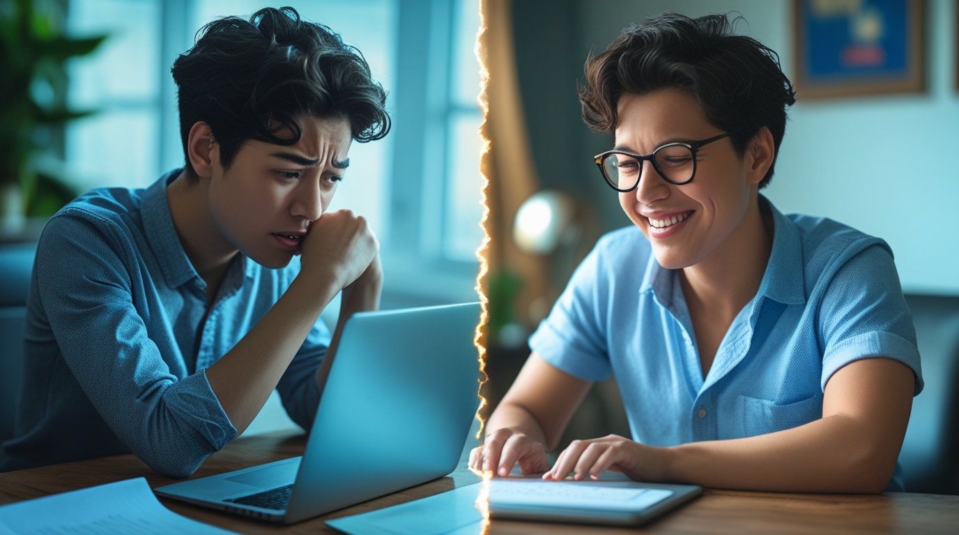 A person looking relaxed while writing a perfect email with the help of an AI assistant, contrasted with their previous stress.